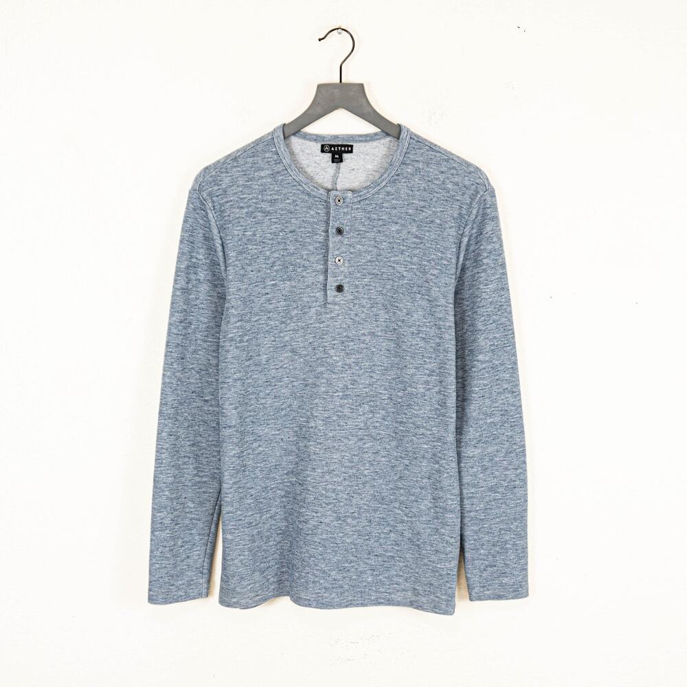 AETHER Apparel Long Sleeve Henley Shirt Merino blue heather sz Medium